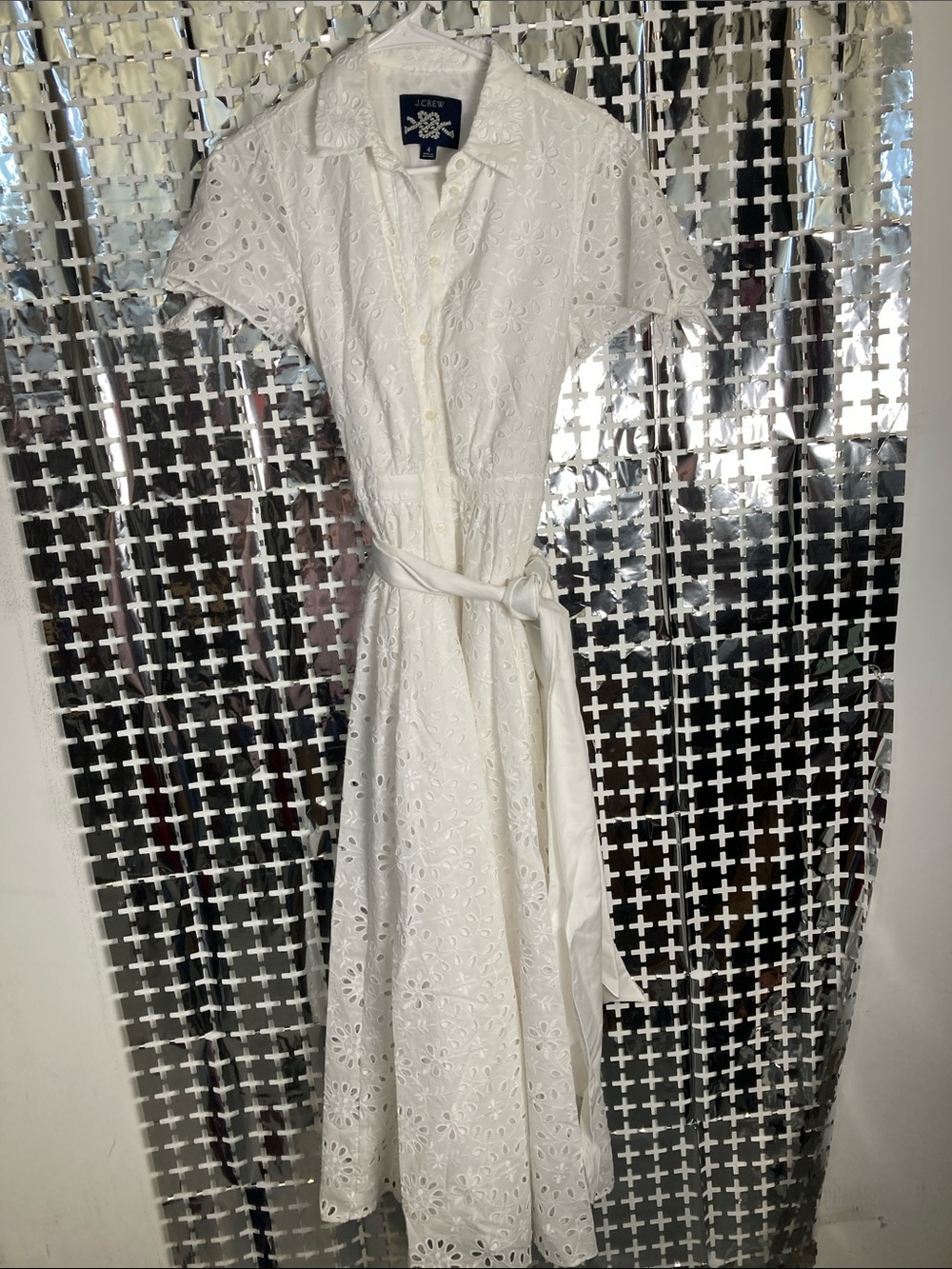 J. Crew White Eyelet Maxi Shirt Dress with Tie Waist